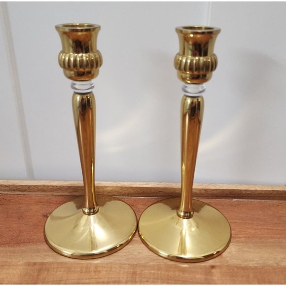 Set of 2 Partylite Gold Tone Brass Taper Candlestick Candleholders 7” - Picture 4 of 12